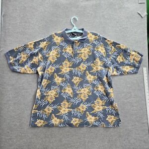 VINTAGE OP Men Polo XXL Blue Floral Button Short Sleeve